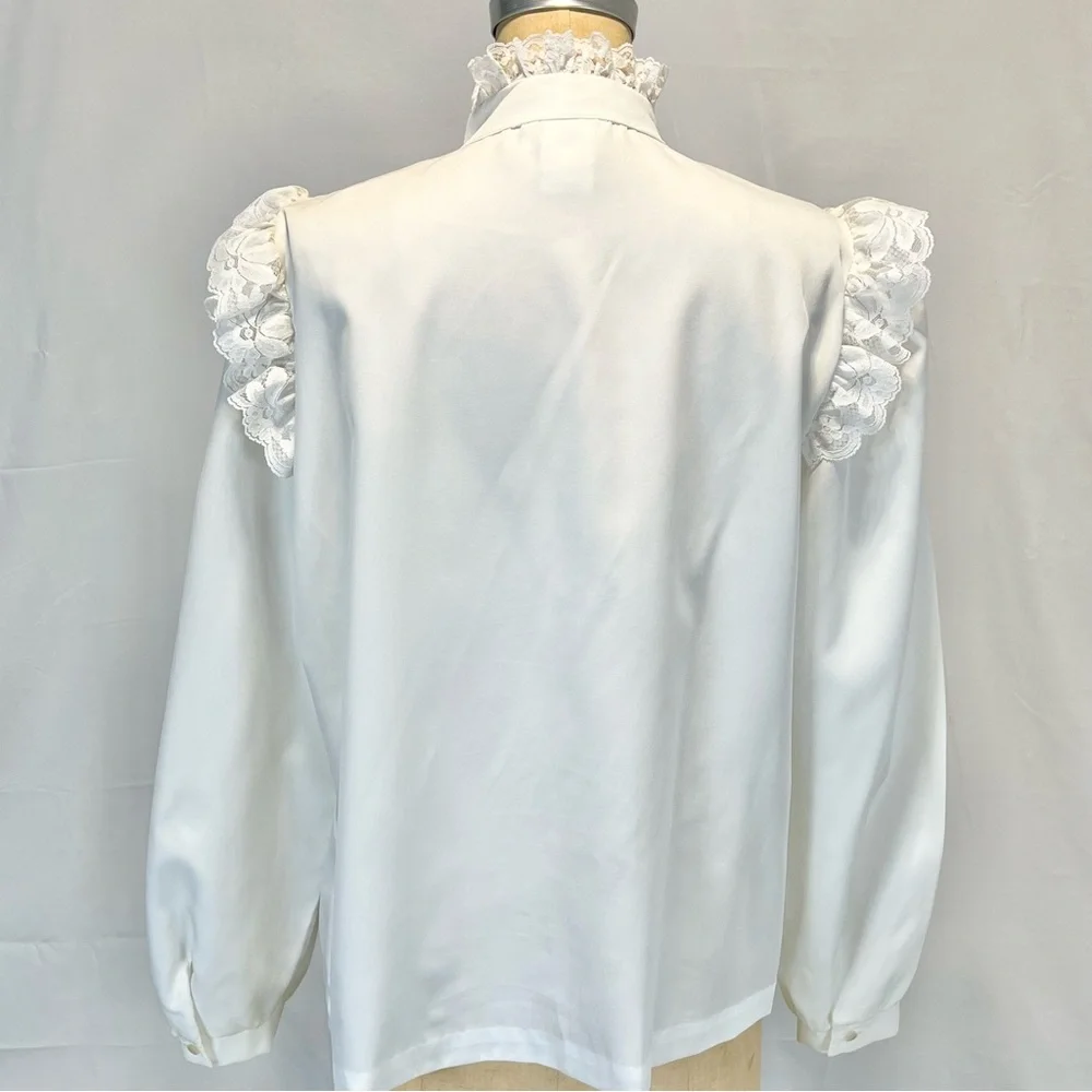 VINTAGE lace ruffle fancy blouse button down Victorian high neck ribbon bow 80s - Picture 8 of 14
